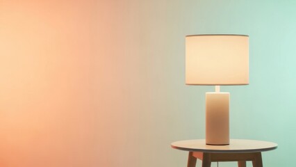 A glowing table lamp illuminates a soft gradient background