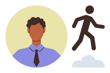 Businessperson in formal attire with abstract figure ascending on cloud, representing growth, career progression, ambition, success. Ideal for leadership, self-improvement, motivation, opportunity