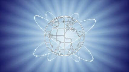 Abstract Global Network with Glowing Orbits on Blue Background.