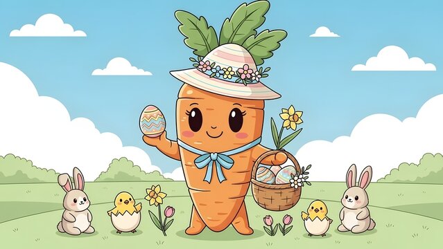 Easter Carrot's Gift: A charming carrot character stands in a joyful Easter setting, radiating happiness and Easter spirit, presenting an egg and basket full of Easter eggs