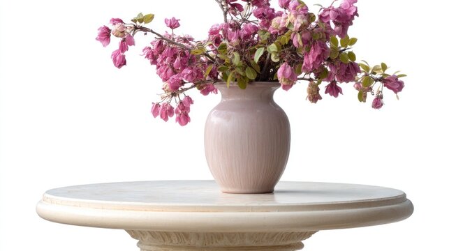 A pink vase with pink flowers on a round table with a white background.