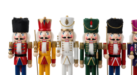 six traditional wooden nutcracker soldiers, detailed with vibrant red, gold, and green uniforms, standing rigidly in a strict row against a transparent studio backdrop. concept of festive christmas