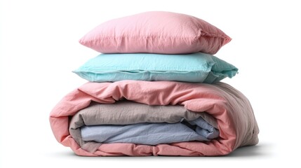 A neatly folded stack of pink and blue pillows and a matching blanket, neatly arranged on a white background.
