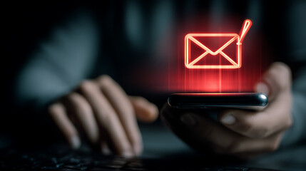 Person holding smartphone with glowing red email icon hand mobile phone