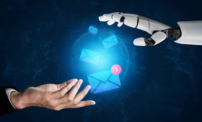 Fotobehang Muziek A human hand reaches toward a robotic arm in a striking display of technology and communication, symbolizing the future of digital interaction and connectivity. Gantry  © InfiniteFlow