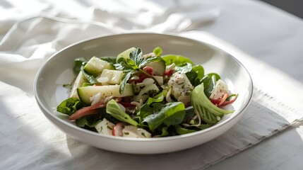 A fresh green salad with spinach, mozzarella, and prosciutto in a white bowl on a light fabric.