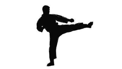 Man performing a high kick in martial arts uniform