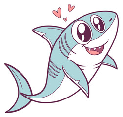 Fototapeta premium Delightful cartoon shark swimming with big eyes a happy toothy smile and hearts.Isolated transparent background ( include cut-out PNG file ).