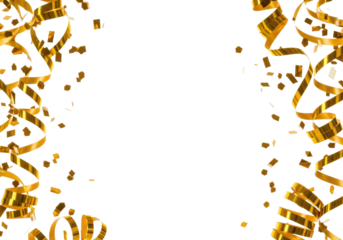 Golden metallic serpentine ribbons and geometric confetti falling dynamically against a transparent studio background with pronounced motion blur and copy space. Concept for luxury celebration