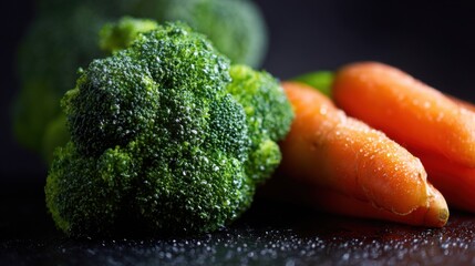 broccoli and fresh carrots grey background copy space