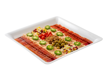 Spicy Layered Dip Appetizer with Jalapeños and Salsa on White Plate PNG