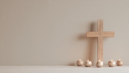 wooden cross and white candles copy space