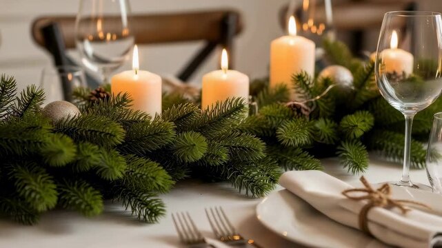 Festive Christmas table setting with burning candles. Holiday celebration decor. New Year dinner preparation.