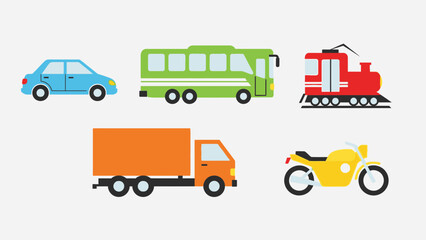 Naklejka premium Cartoon flat vector transportation set, vehicle illustration, car bus train truck motorcycle