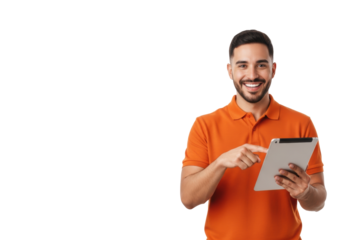 A young hispanic man with a beard wearing a vibrant orange polo shirt points at a digital tablet screen, smiling confidently against a transparent background with copy space, concept of modern