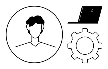 User profiles, system settings, technology management, online identity, digital interface, IT solutions. A person icon inside a circle, gear icon laptop silhouette. User profiles and system settings