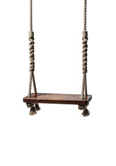 Empty, still, antique dark mahogany wooden swing seat suspended by thick braided jute ropes against a transparent infinity background with dramatic shadows, melancholy reflection on passing time