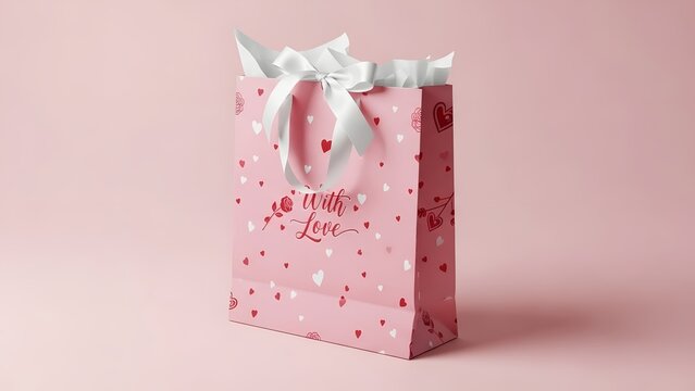 Gift of Affection: A beautifully designed pink gift bag, adorned with delicate heart patterns and a sweet message, tied with a pristine ribbon. Ready to present a token of endearment.