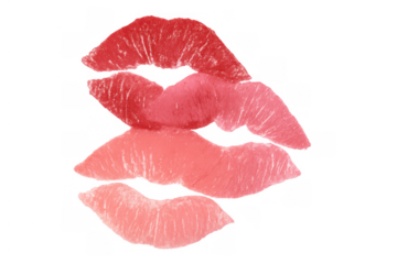 Red and pink sugar gummy candy lips in a vertical stack on a transparent cutout background