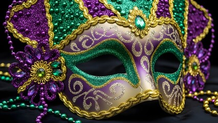 Mardi Gras Mask: A close-up view of a vibrant and elaborate Mardi Gras mask, showcasing intricate designs, a medley of colorful beads, and the festive spirit of celebration.
