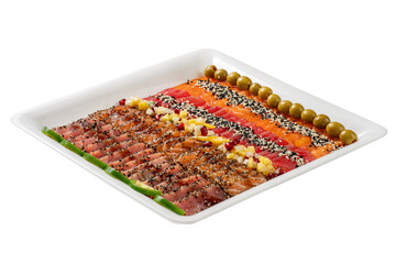 Vibrant Ingredient Platter: Meat, Grains, Vegetables, Peas. Healthy Culinary Presentation on White Background. PNG