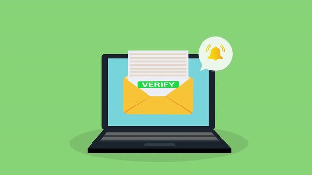  Laptop with a bell notification and verify mail. .Reminder on desktop. New message notification 