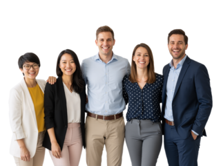 Diverse Team of Five Professionals Smiling Together Against White Background — Mix of Blazers, Polka Dots, and Suits — Radiating Camaraderie, Inclusivity, and Modern Workplace Energy Perfect for Colla
