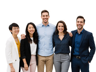 Diverse Team of Five Professionals Smiling Together Against White Background — Mix of Blazers, Polka Dots, and Suits — Radiating Camaraderie, Inclusivity, and Modern Workplace Energy Perfect for Colla