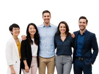 Diverse Team of Five Professionals Smiling Together Against White Background — Mix of Blazers, Polka Dots, and Suits — Radiating Camaraderie, Inclusivity, and Modern Workplace Energy Perfect for Colla