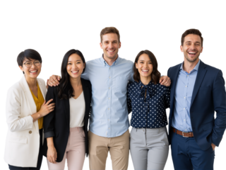 Diverse Team of Five Professionals Smiling Together Against White Background — Mix of Blazers, Polka Dots, and Suits — Radiating Camaraderie, Inclusivity, and Modern Workplace Energy Perfect for Colla