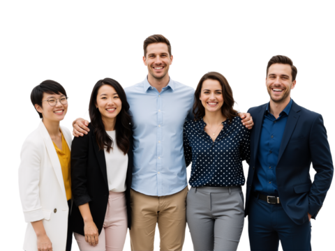 Diverse Team of Five Professionals Smiling Together Against White Background — Mix of Blazers, Polka Dots, and Suits — Radiating Camaraderie, Inclusivity, and Modern Workplace Energy Perfect for Colla - Powered by Adobe