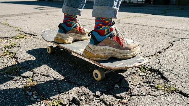 Chunky colorful sneakers on worn skateboard with rolled up jeans. Retro 90s streetwear fashion detail for urban skate culture and vintage footwear style - Powered by Adobe