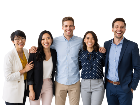 Diverse Team of Five Professionals Smiling Together Against White Background — Mix of Blazers, Polka Dots, and Suits — Radiating Camaraderie, Inclusivity, and Modern Workplace Energy Perfect for Colla - Powered by Adobe