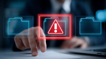 Person interacting with digital warning alert and file icons finger touching