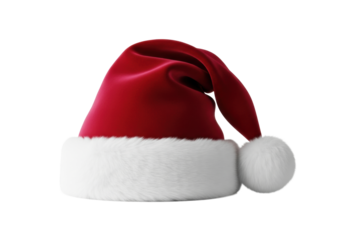 a luxurious deep crimson velvet santa claus hat with plush white faux fur trim rests on a reflective white surface against a high-key studio background, ultra-detailed product photography, concept