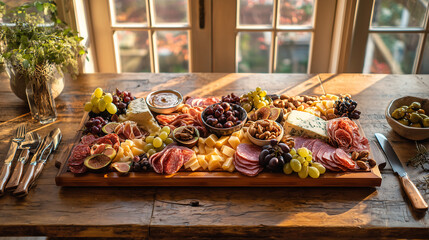 A view of a huge bamboo cheese and charcuterie board. The gigantic board displays a wide selection: artisan cheeses (Brie, blue cheese, cheddar), cured meats (prosciutto, salami), grapes, figs, nuts, 