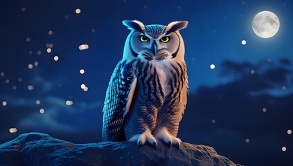 Fototapeta premium Majestic owl perched on a rock under the moonlit night sky, an enchanting scene radiating mystery and wonder, perfect for nature and wildlife projects