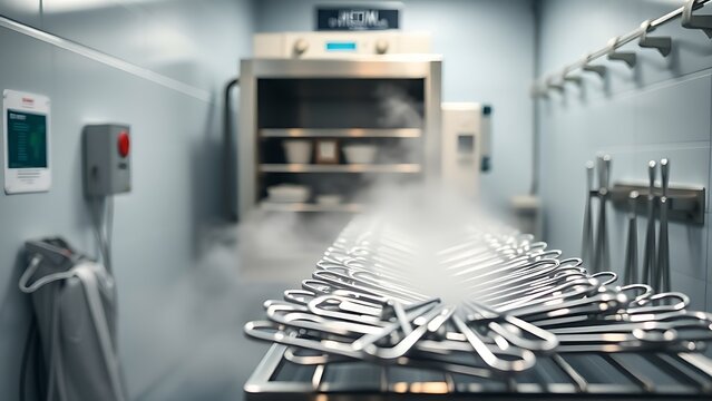 autoclave. Steam-filled sterilization room with medical instruments ready for processing. safety posters, maintenance manuals, designed for precision metalworking and fabrication facilities.