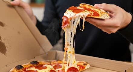 Person lifts a slice of piping hot pepperoni pizza revealing long, stretchy cheese pulls from a cardboard container
