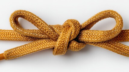 A golden brown rope tied into a bow knot, with a white background and a close-up view.