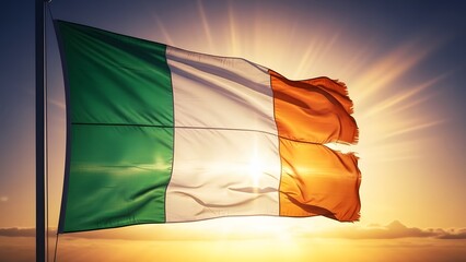Irish Flag: The Irish flag waves proudly against a vibrant sunset, embodying the spirit of the nation with its iconic colors.