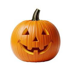 Fototapeta premium a vibrant orange, classic jack-o'-lantern with a cheerful hand-carved face and sturdy green stem, isolated on a transparent background with sharp studio lighting. concept of halloween festivity