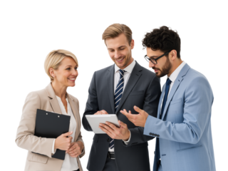 Diverse Business Team Collaborating Around Tablet Against White Background — Woman with Clipboard, Men in Suits & Glasses — Exuding Mutual Respect, Active Engagement, and Modern Professional Synergy 