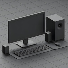 Minimalist Desktop Setup: A modern, minimalist desktop setup features a sleek monitor, keyboard, mouse, and speaker system, all arranged on a stylish, neutral surface.