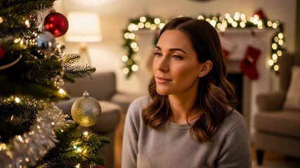 Caucasian woman decorating Christmas tree with ornaments in living room, celebrating winter holidays and festive season - Powered by Adobe