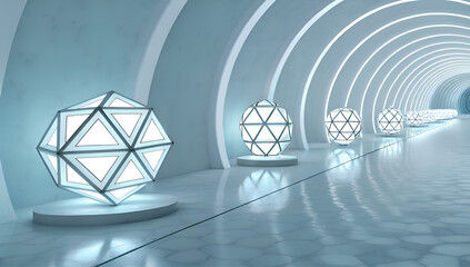 Futuristic tunnel with glowing geometric polyhedral objects on pedestals, creating a sci-fi atmosphere.
