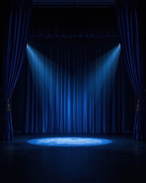 Spotlight illuminating an empty stage with blue velvet curtains and dramatic lighting