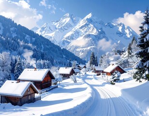 Snowy Village in the Alps - A Winter Wonderland Scene.