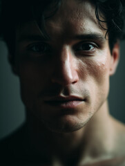 Obraz premium intense shadow portrait, dramatic lowlight face, deep moody gaze 