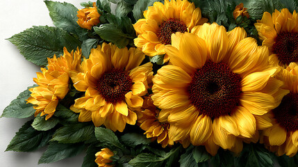 A close up of a bouquet of sunflowers with green leaves on a white surface in an indoor setting